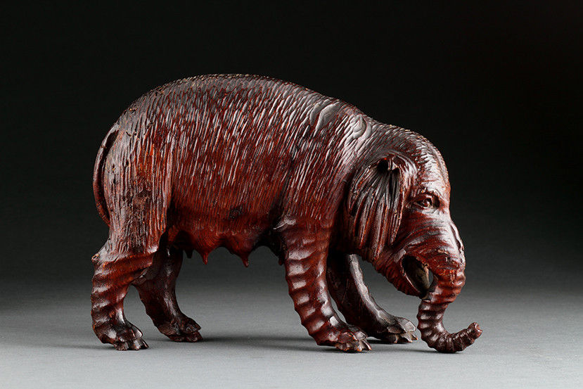 South German Bavarian Oberammergau Carved Pinewood Sculpture of a Female Elephant